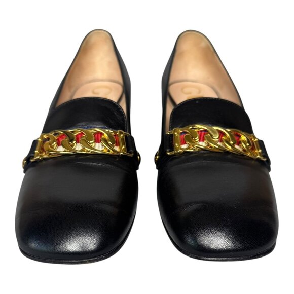 Gucci Sylvie Black Leather Chain Web Stripe Block Heel Pumps Shoes 38.5 US 8.5 - Picture 6 of 15
